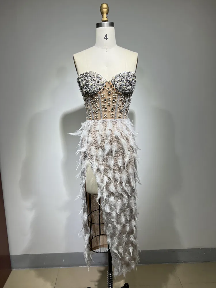 New Women Summer Sexy Strapless Backless Sequins Feather Pearl Beading Ankle Length Dress 2023 Elegant Evening Party Dress