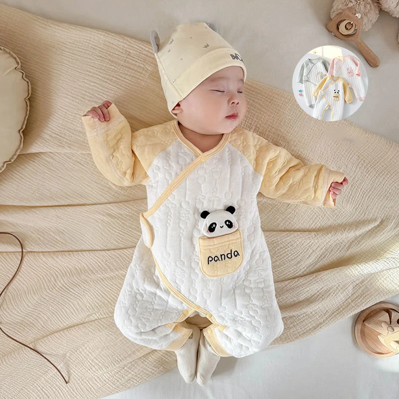 Baby Strampler Herbst 0-6 Monate Baby Dreischichtige warme Kleidung Neugeborene niedliche Cartoon Krabbelanzug