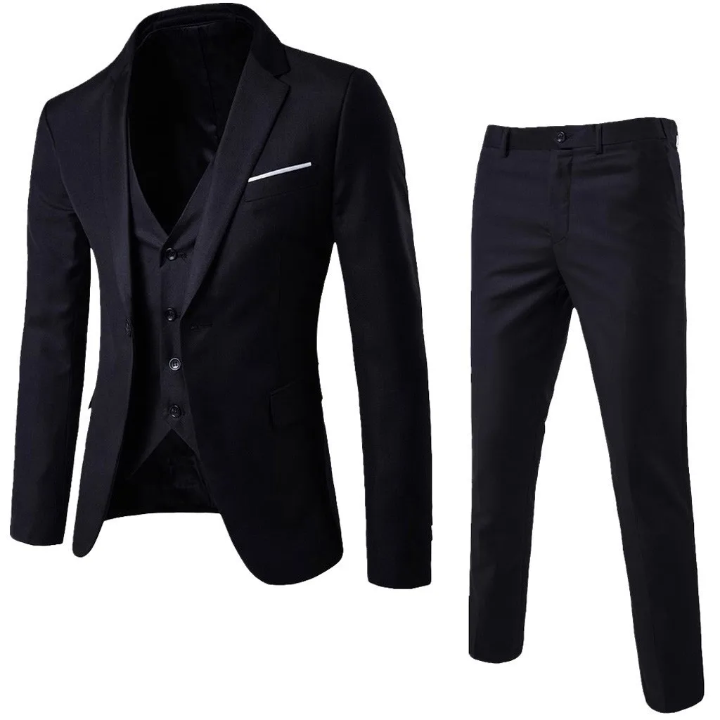 Conjunto Clásico de 3 piezas para hombre, traje de boda ajustado, chaqueta, pantalón, chaleco, esmoquin, botonadura única