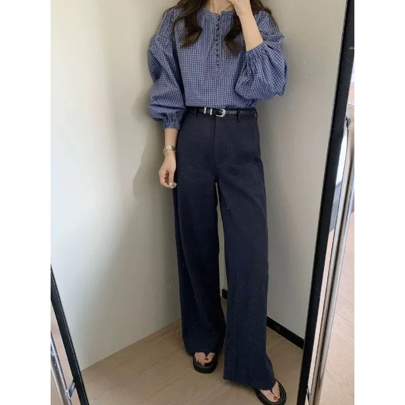 Women Clothing Spring Summer Korean Simplicity Button Plaid Solid Color Pullover Ladies All-match Appear Thin Long Sleeve Shirt