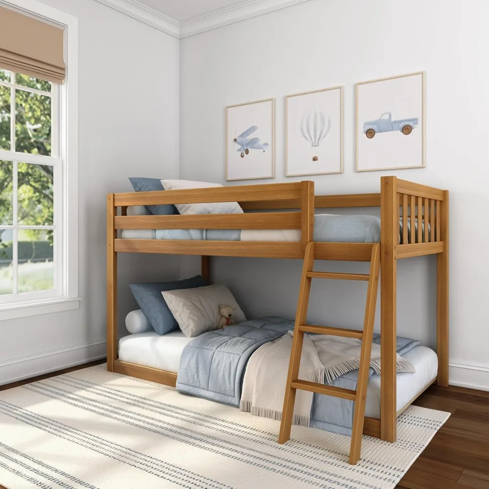 Twin Low Bunk Bed,with Strong Wooden Slats, Non-Toxic Finishes, High Weight Capacity Kids Solid Wood Modern Bed Frame