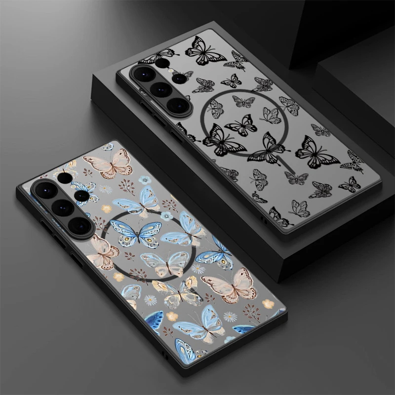 Butterfly Patterned Magnetic Phone Case For Samsung Galaxy S26 S25 S24 S23 S22 Ultra Plus S25 Edge S24 S23 FE TPU PC Back Cover
