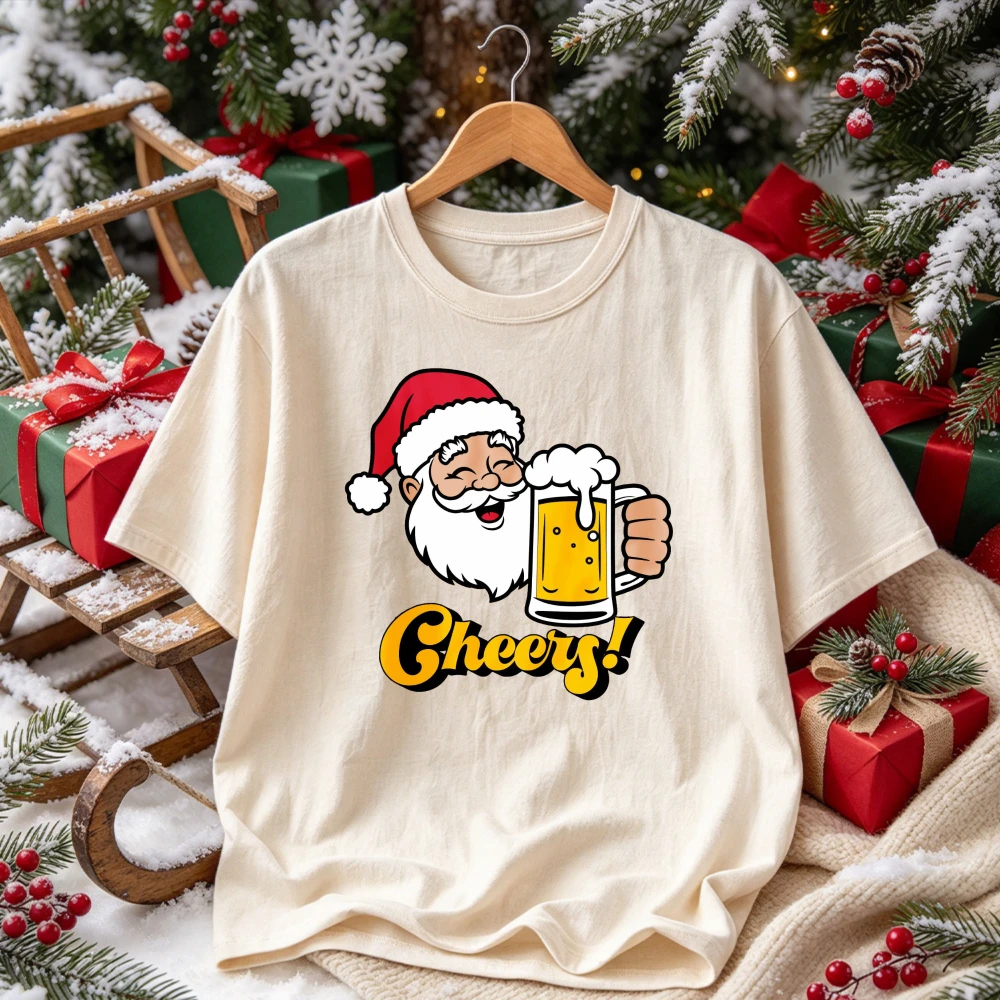 Cheers Santa Claus Beer Mug Christmas Graphic T Shirt Cartoon Santa Holding Beer Print Crew Neck Xmas Party Casual Holiday Tees