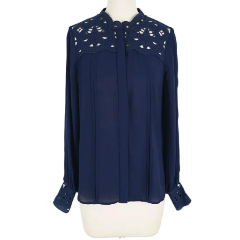 

Navy Blue Hollow Out Lace Embroidery Blouse UK 4 6 8 10 12