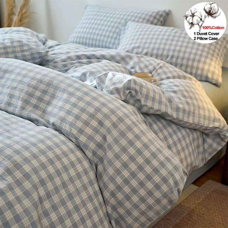 

Plaid Duvet Cover Set 3 Pcs, 100% Cotton Yarn-Dyed Washed Cotton, Soft Breathable Wrinkle Free Bedding Set Pillowcase Decor