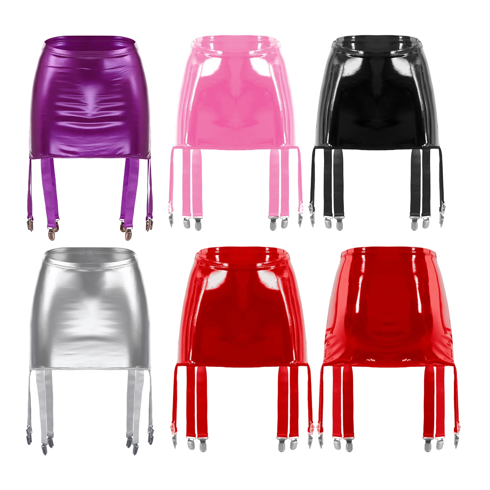 Wetlook Rave Party Womens Sexy Latex Leather Garter Belt Pencil Skirts Suspenders Mini Skirt with Buckle Clips Carnival Clubwear