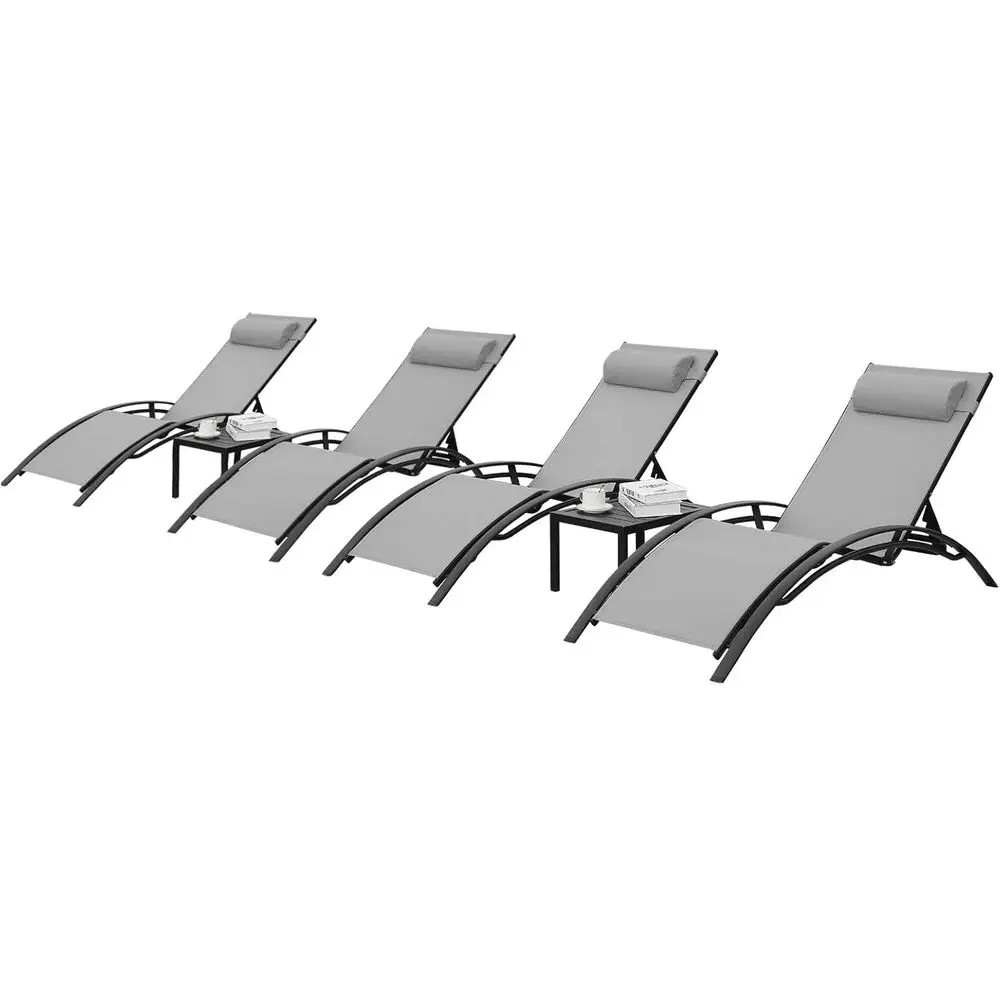 

Комплект из 3 серых шезлонгов для улицы с регулируемыми спинками для загара и приставными столиками