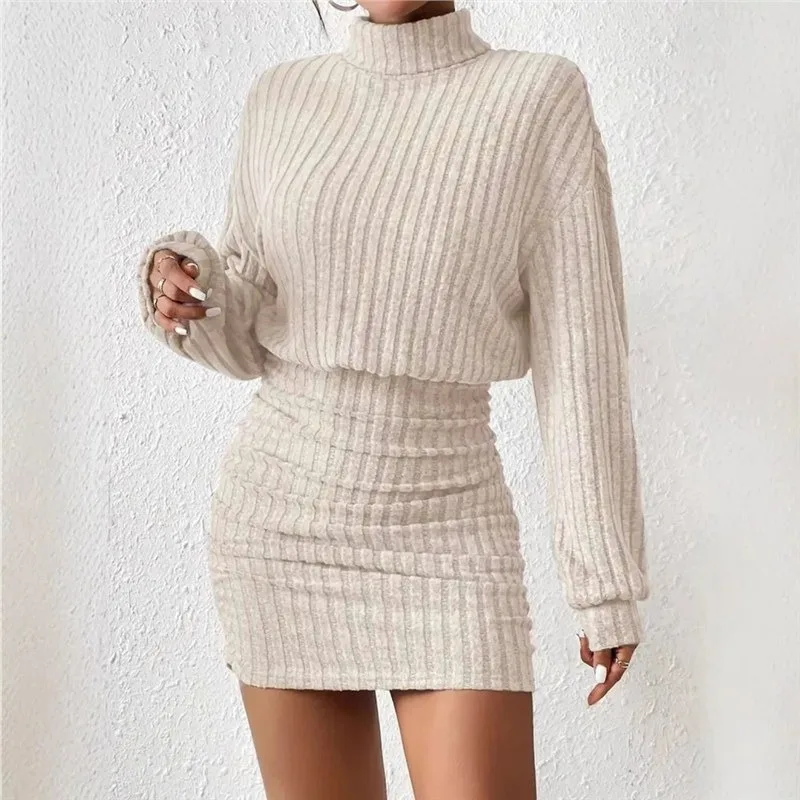 Cross-border Amazon Europe, America Autumn and Winter New Hip-wrapped Long-sleeved Turtleneck Skirt Pit Strip Knitted Sexy Dress