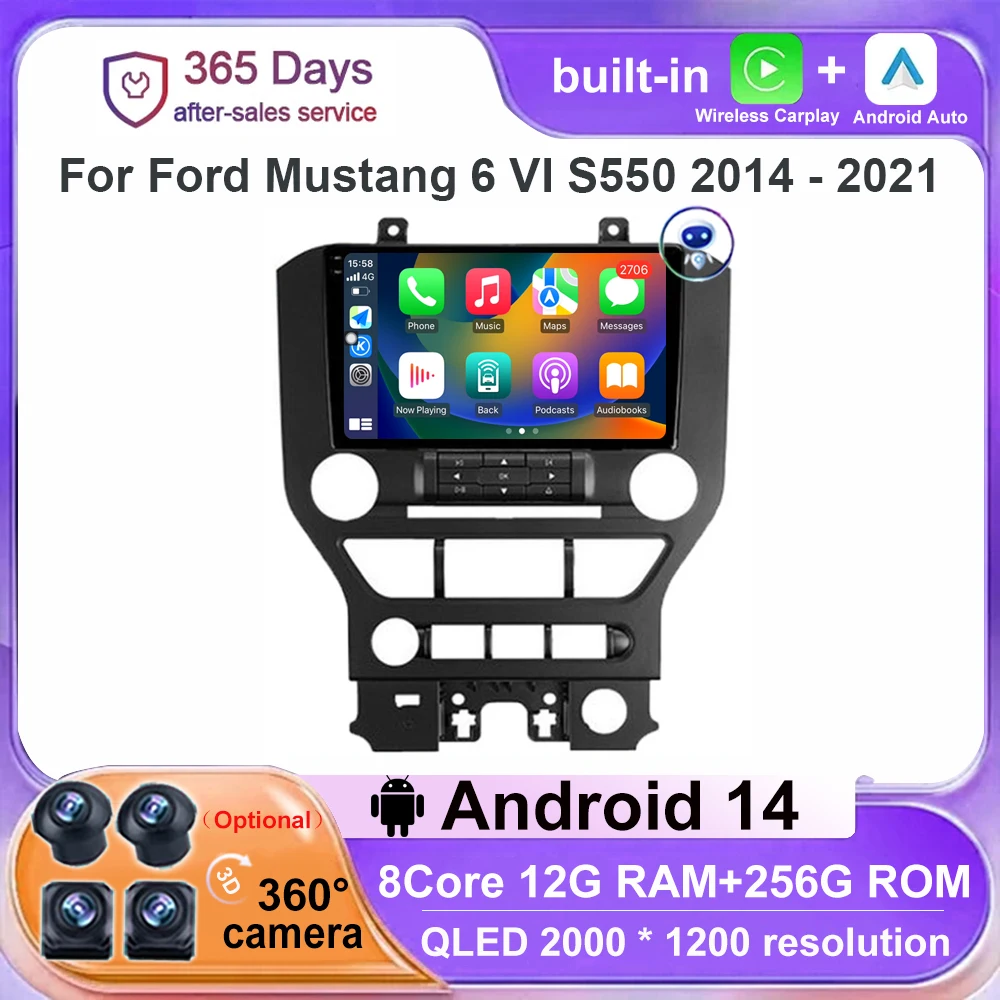 Radio samochodowe Android 14 9'' dla Ford Mustang 6 VI S550 2014 - 2021 Auto Carplay Multimedialny odtwarzacz wideo Nawigacja GPS 4G WIFI GPS