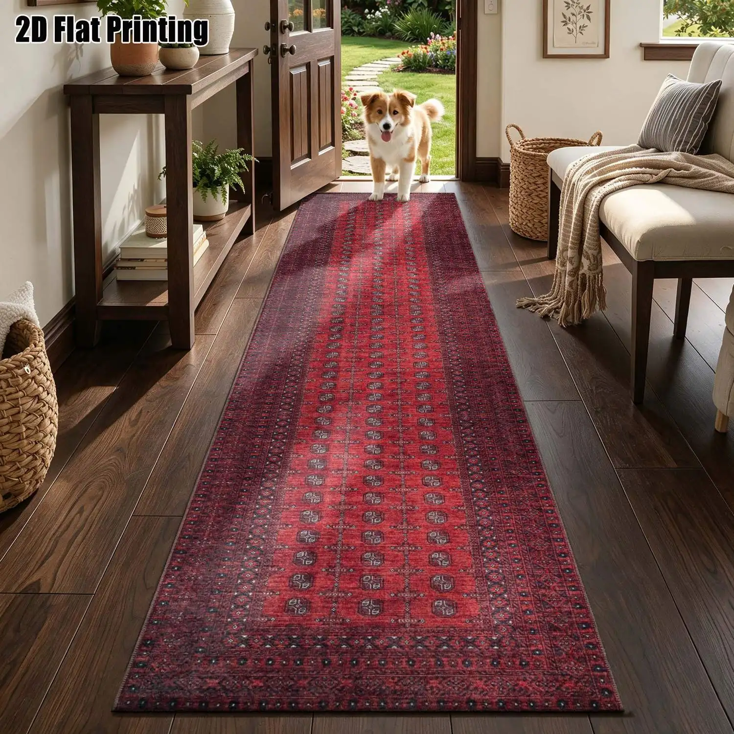 1Pc 2D Printed Long Strip Runner Carpet: Red Polka Dot Geometric Pattern, Retro European Style, Machine Washable, Multi-Size, Ideal for Entryway, Hallway, Bedroom, Living Room Home Decor
