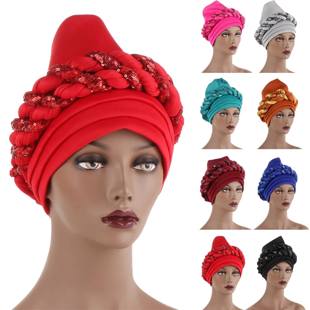 

2025 New Sequin Braids Turban African Auto Gele Headtie Aso Oke Nigeria Women Cap Muslim Hijab Headscarf Bonnet Hat Already Made