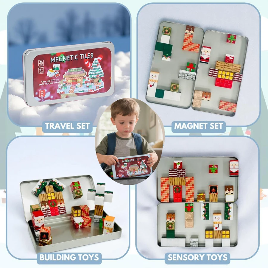 Zestaw Klocków Magnetycznych 45 Elementów Edukacyjne Zabawki STEM Świąteczne Podróżne Klocki Konstrukcyjne dla Dzieci Przenośne Klocki Magnetyczne z Metalową Skrzynką do Przechowywania