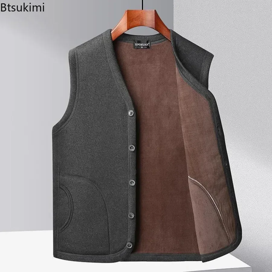 

2025 Men's Autumn Winter Fashion V-neck Thickened Plus Velves Warm Vest Man Sleeveless Jackets Solid Slim Casual Waistcoat Male