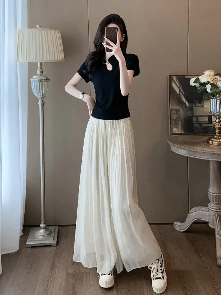 

Комплект с короткими рукавами, женский летний наряд, модный, омолаживающий, повседневный, спортивный стиль, широкие брюки, юбка, комплект из двух предметов