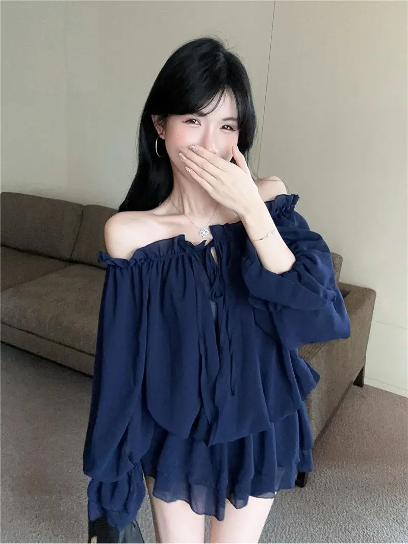 

Elegant Blouses Women Petal Layered Off Shoulder Drawstring Chiffon Shirt Women Casual Mesh Long Sleeved Top Blusas