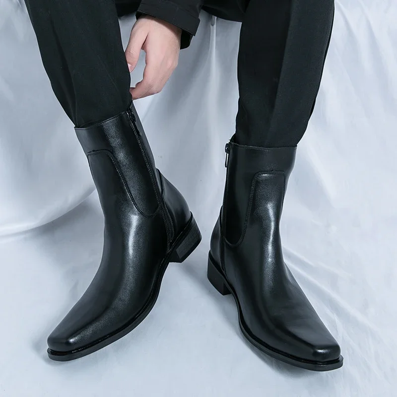 Brand High Top Fashion Chelsea Men's Boots Western Cowboy Leather Boots High Quality Casual Luxury Side Zipper Men Leather Boots