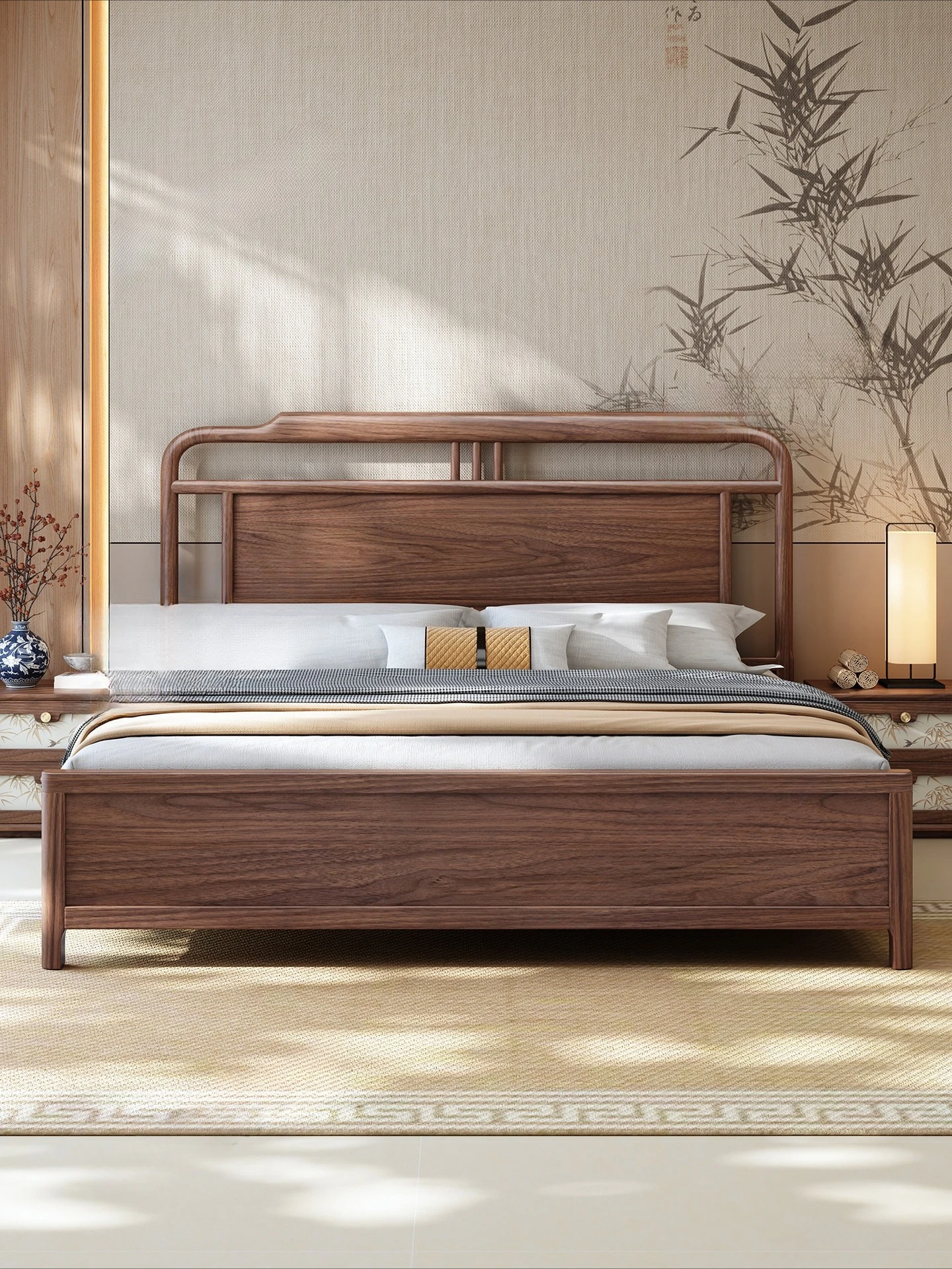 Belos Song's aesthetic black walnut solid wood  1.5 meters bed New Chinese master bedroom official hat 1.8 meters double