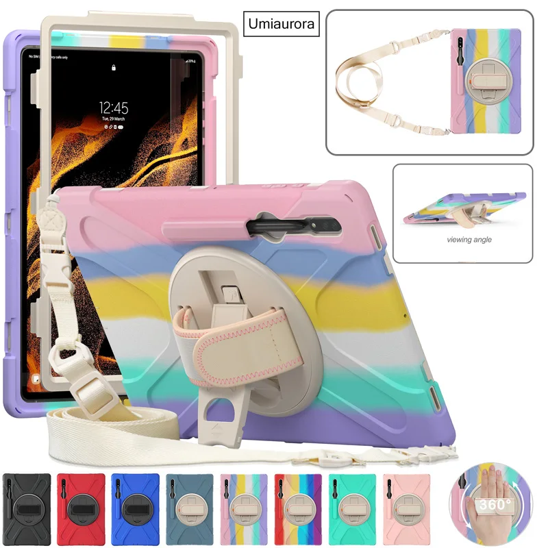 For Samsung Tab S9 Ultra SM-X910 S7 FE S8 Plus SM-X810 SM-X610 T730 Tablet Case Kids Rotation Hand Strap Stand Silicone PC Cover