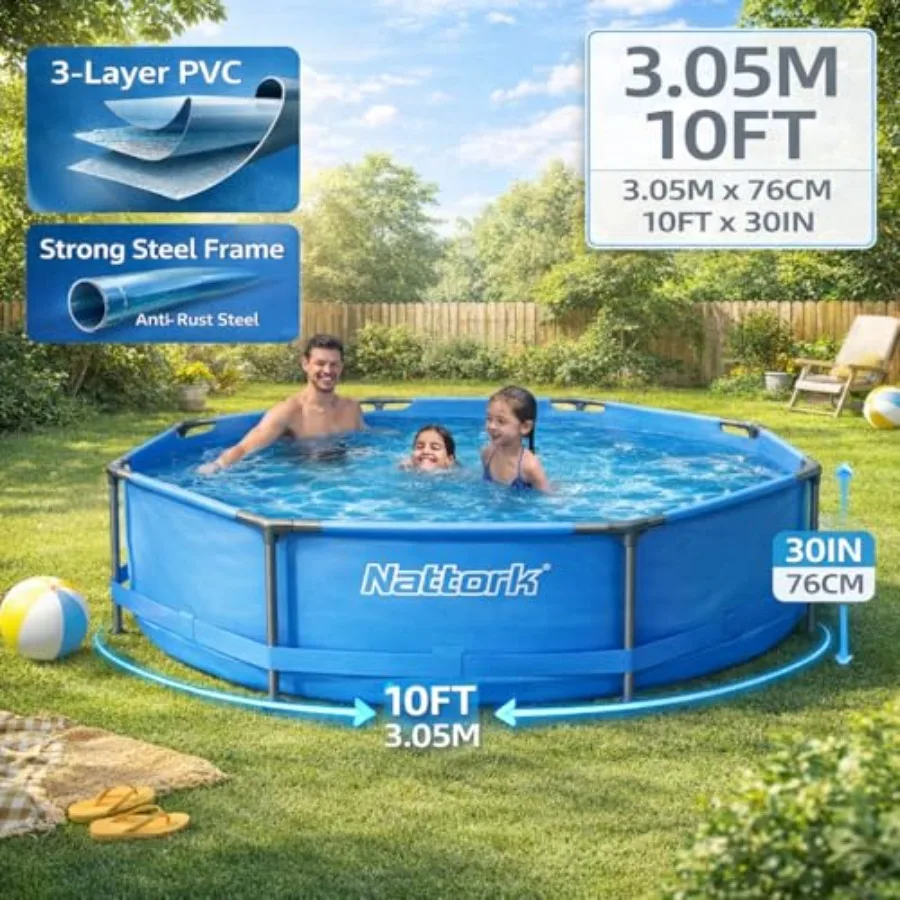 Above Ground Pool for backyard use, steel frame, blue color, easy-install upgraded T-pipe design