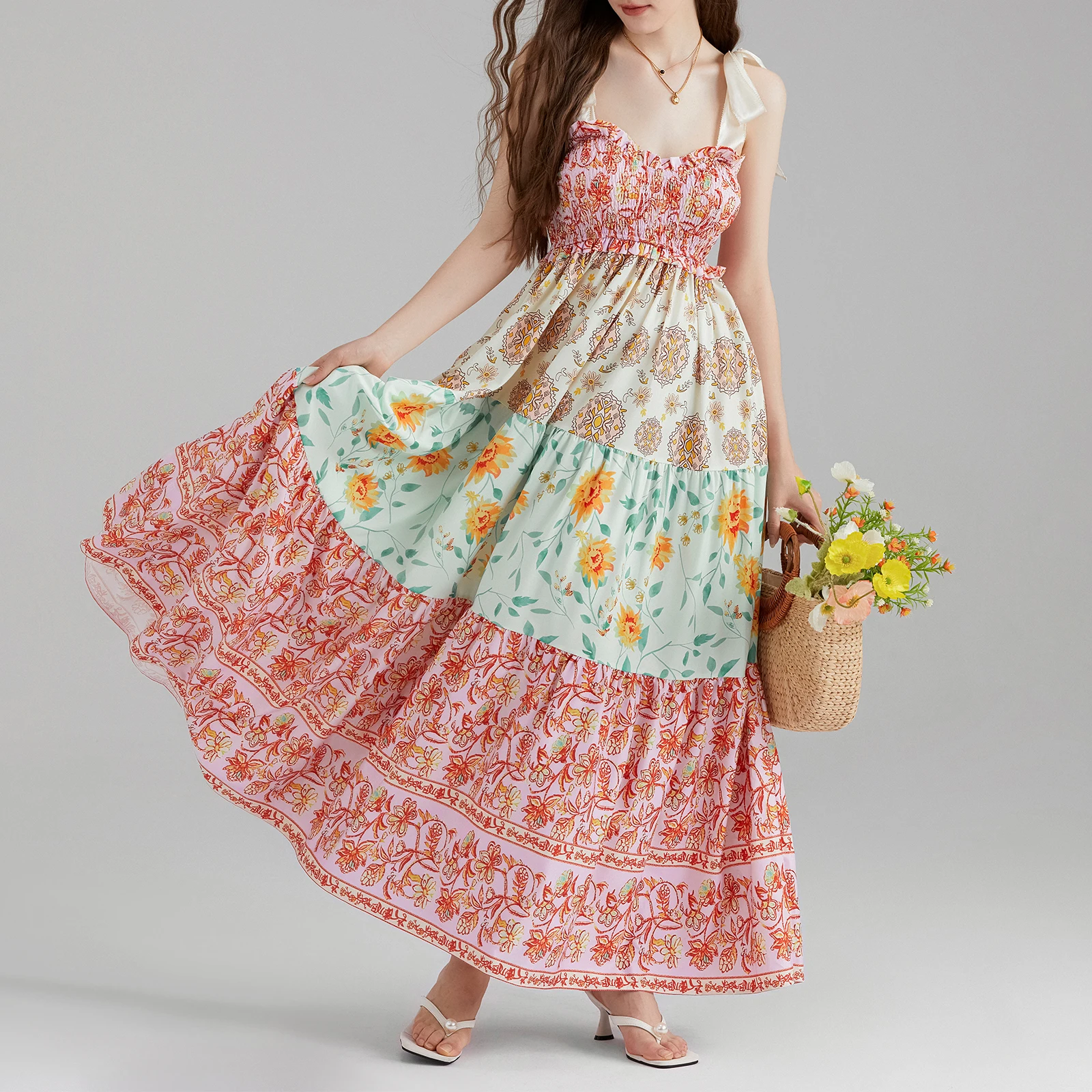 Abito da donna vintage con stampa floreale, spalline allacciate, abito senza maniche, abito lungo, abito estivo a trapezio con grande altalena