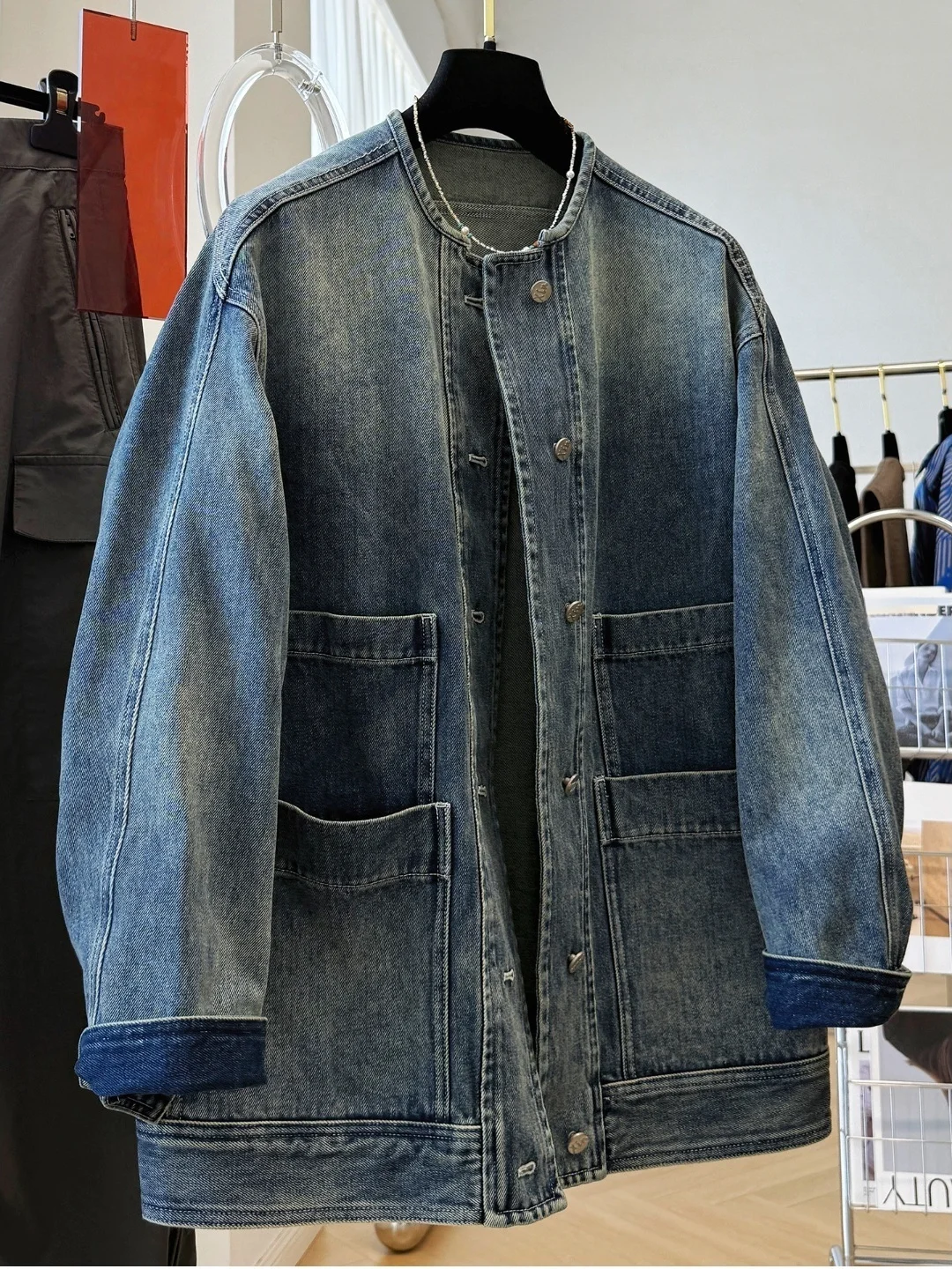 

Loose Fit Long Sve Denim Jaet ex Spring Autumn Vintage Sle Button Decorated Youthful Energy Casual Outerwear