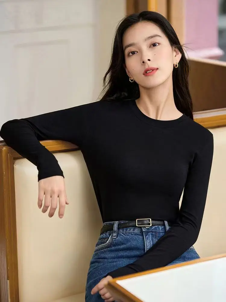 Top wit slim-fit ondershirt dames 2024 lente en herfst nieuwe basic effen kleur met lange mouwen alles met elastische T-shirts