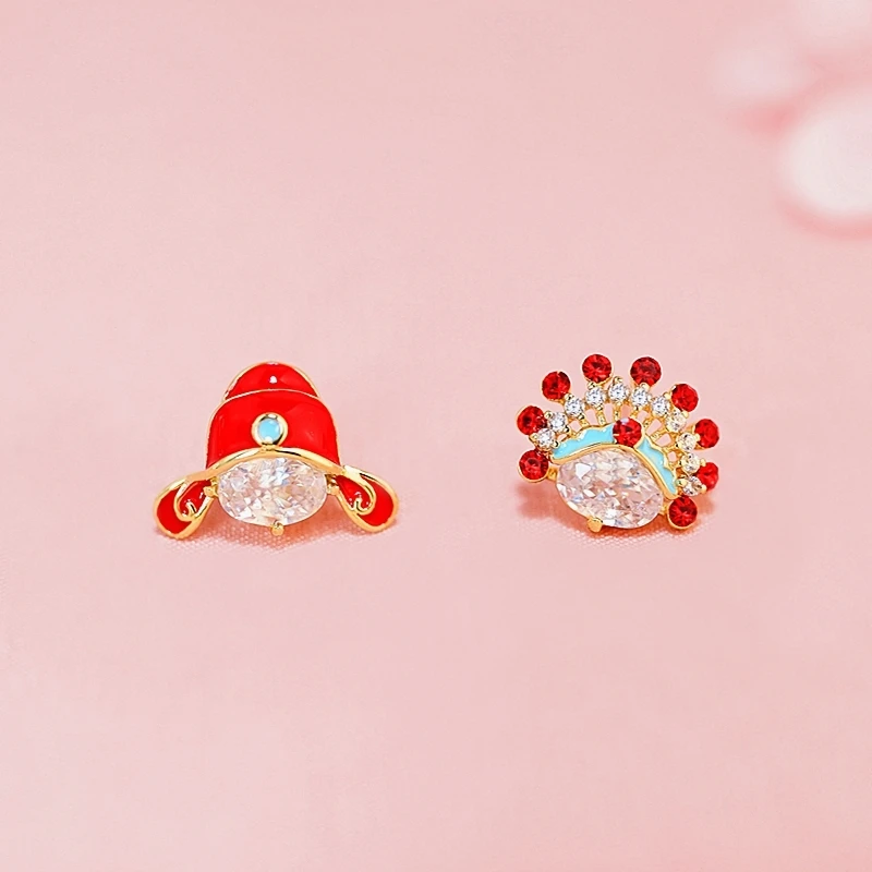 

Chinese style Peking Opera face mask red stud earrings female simplicity high sense