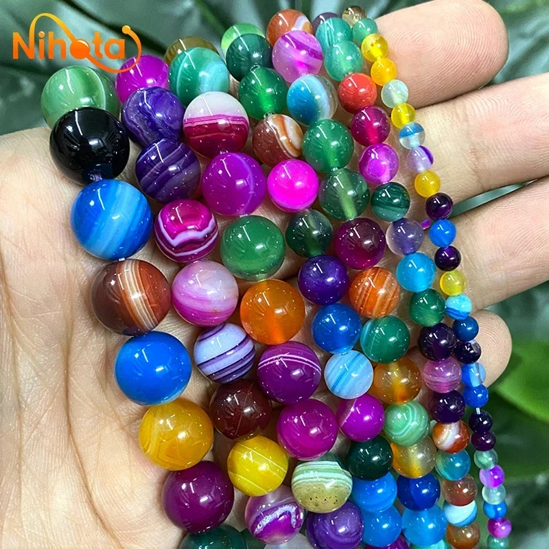 Natural Stone Mixed Color Stripe Agates Round Beads Bracelet Ring DIY Bead Perles for Jewelry Making 15