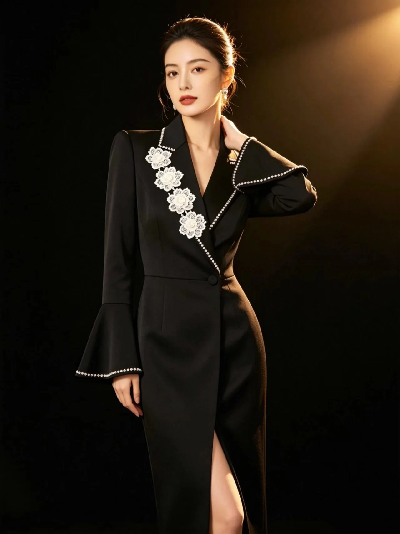 

Black Cotton Crystals Women Suit 1 Pcs Long Blazer Prom Dress Spring Formal Office Lady Jacket Customized Wedding Guest Coat