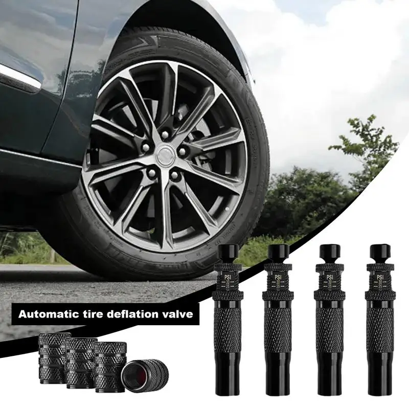 Adjustable Auto-Stop Tire Deflator Valve Kit (10-30 PSI) 4PCS Screw-on Tyre Air Down Tool For Car Motorcycle Offroad Accessories