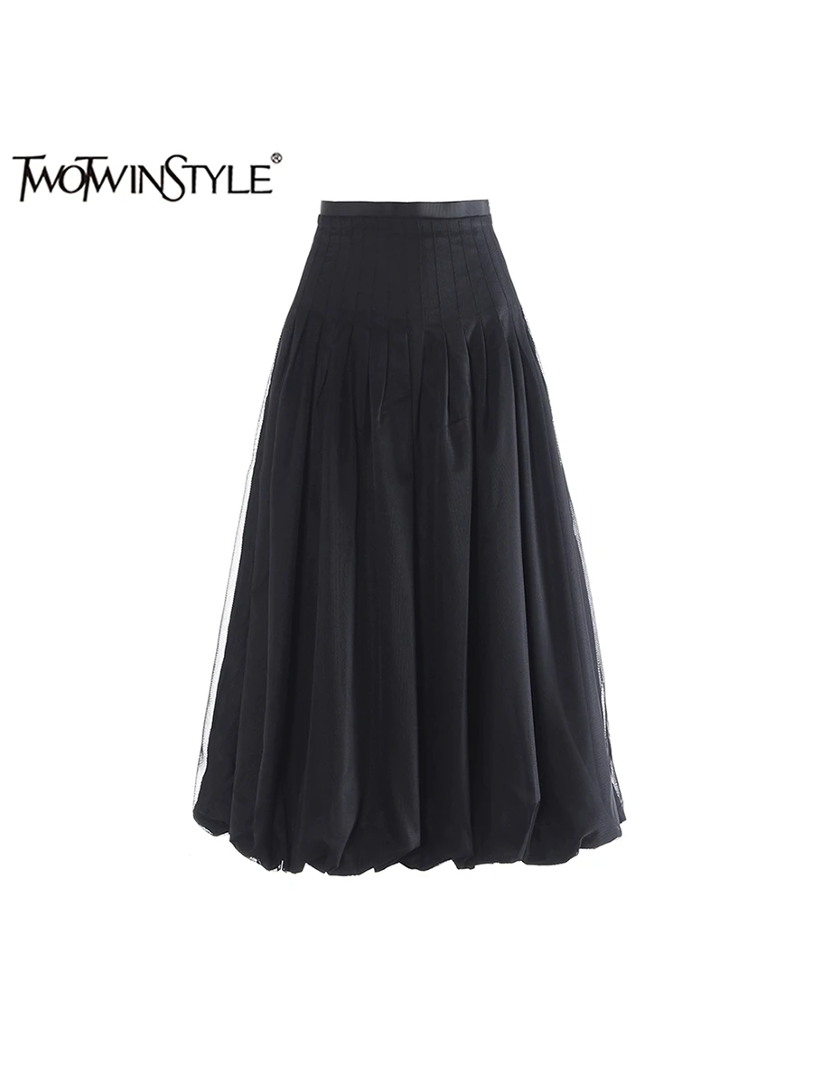 TWOTWINSTYLE Solid Patchwork Folds Casual Skirt For Women High Waist Loose Elegant Temperament Skirts Female Fashion Style New