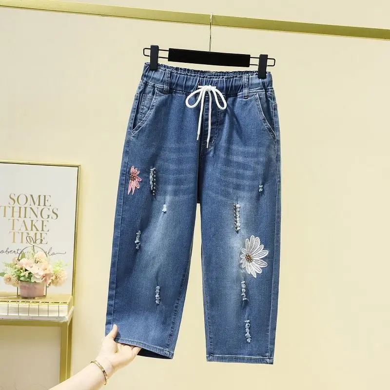 

JeansKorean Style Elastic Waist Jeans for Women, Summer Lightweight Straight Capri Pants, Loose Slimming Stretch Casual Trousers