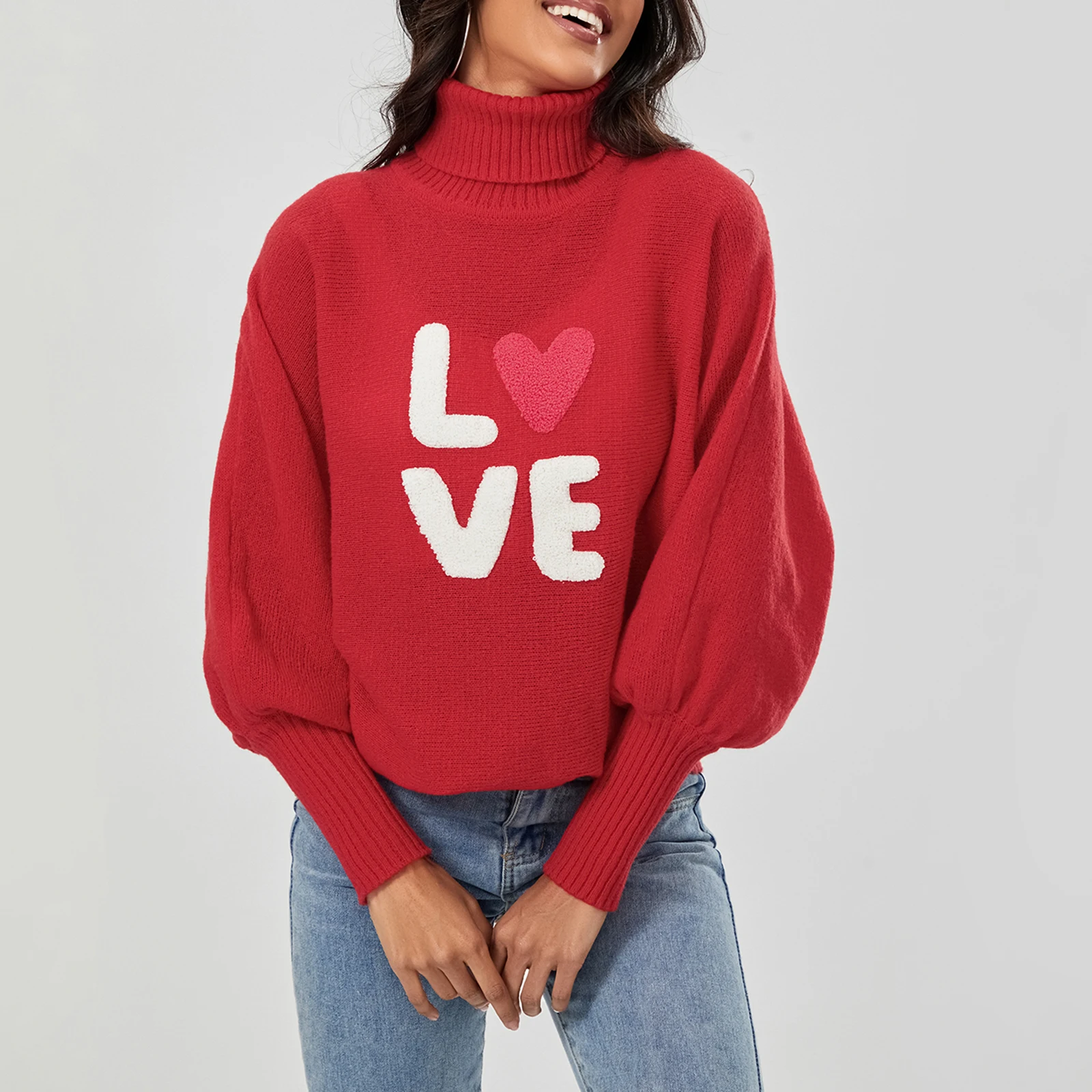 Women Valentines Day Sweater Long Sleeve Letter Print Oversized Turtleneck Knitted Pullover Jumper Tops D16