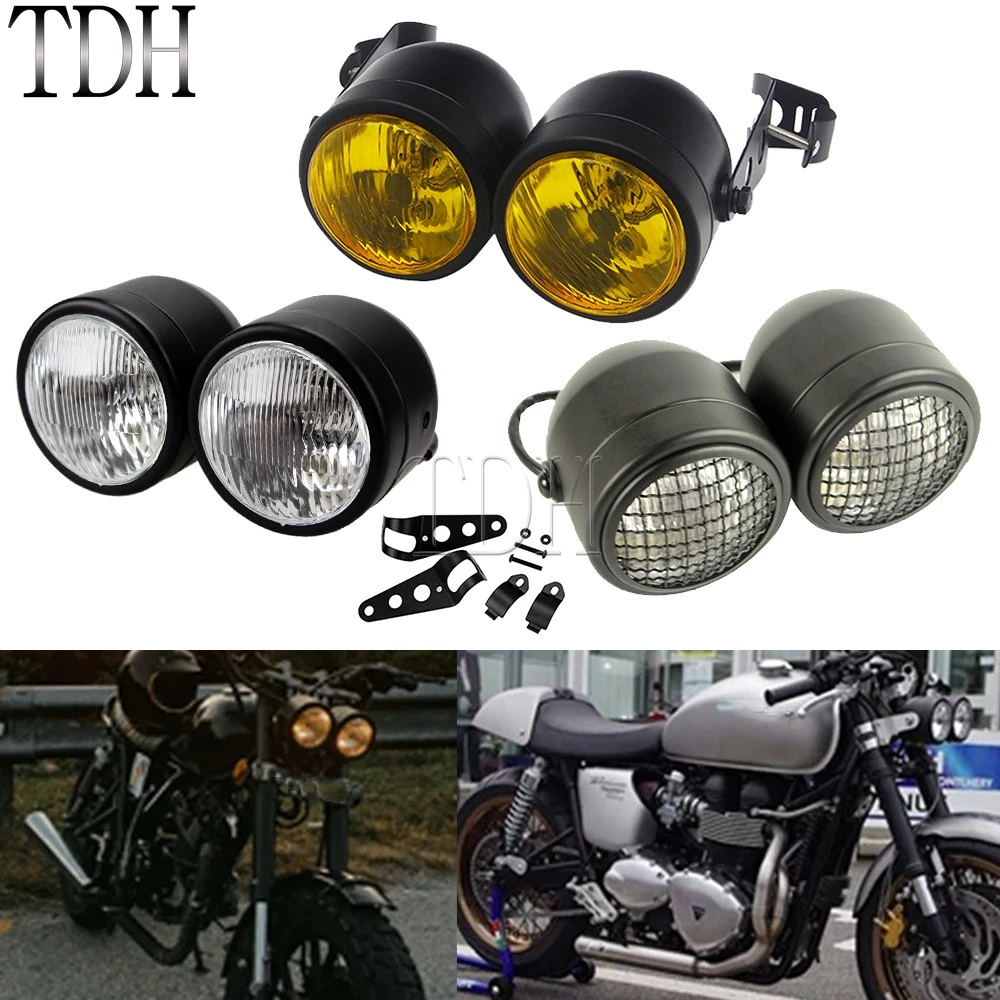 Motorcycle Retro Headlight Mesh Grill Twin Dual Cafe Racer Headlamp Vintage Chopper Front Lights For Harley Honda Suzuki Yamaha