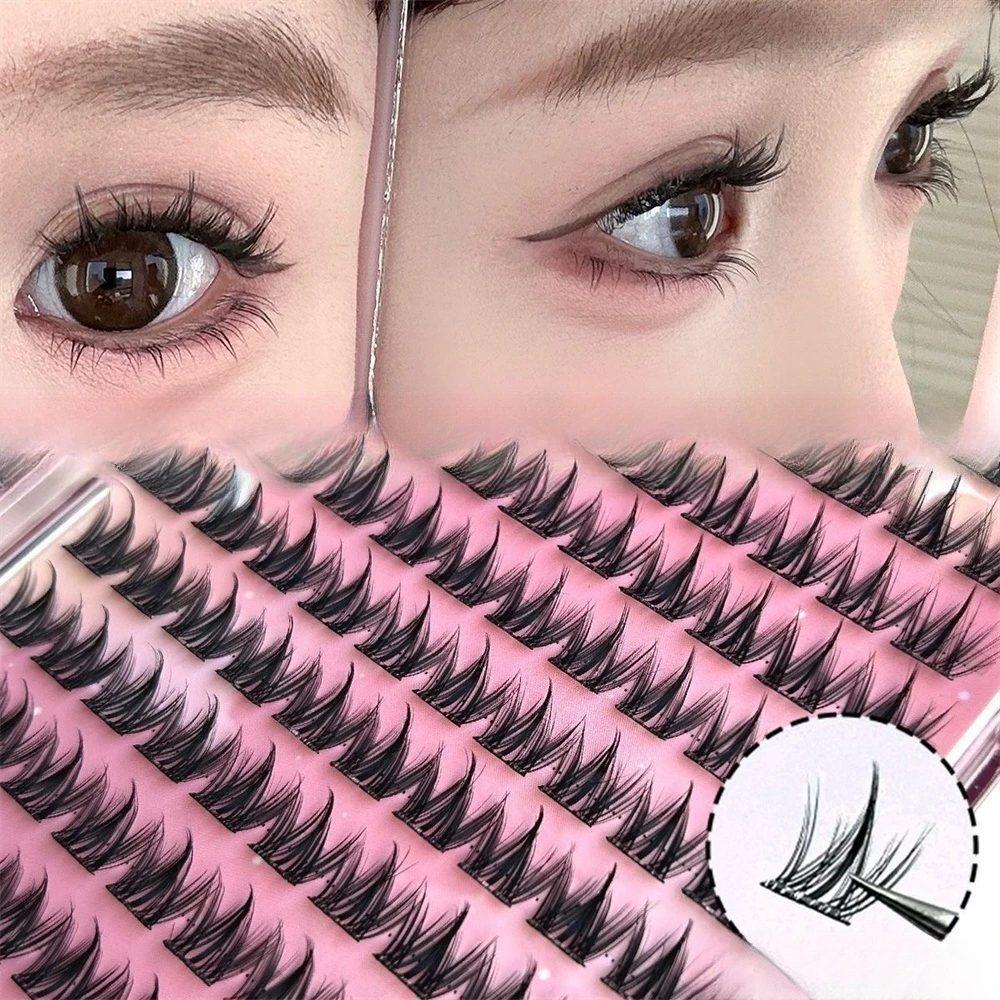 100 Cluster mit selbstklebenden Wimpern, gekräuselter und schlanker Hundestil, 12 mm natürlich verdickte dünne Streifenwimpern, selbstverlängernd – Detail 4