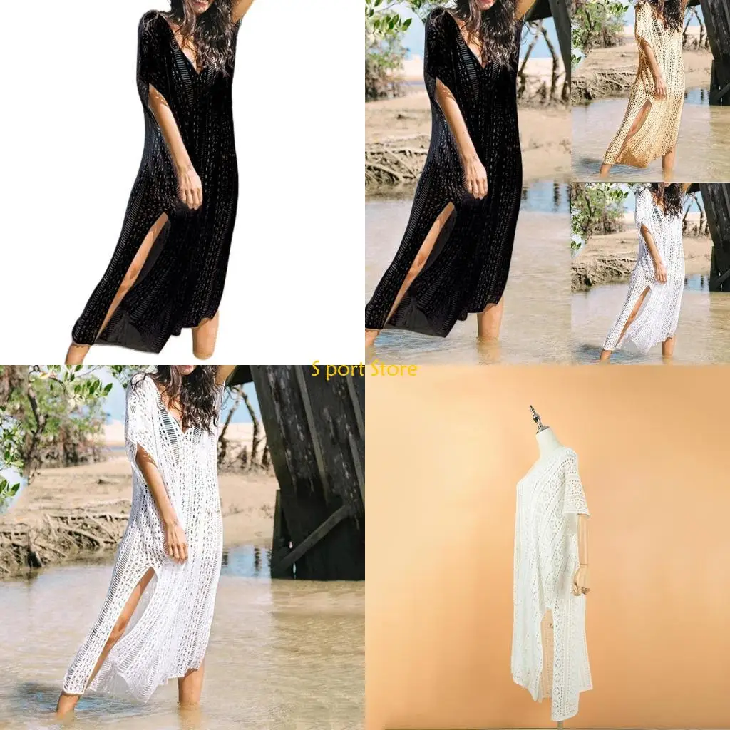 

U2JB Short Sleeve Crochet Swimsuit Cover Up Sexy Perspective Dress Comfortable