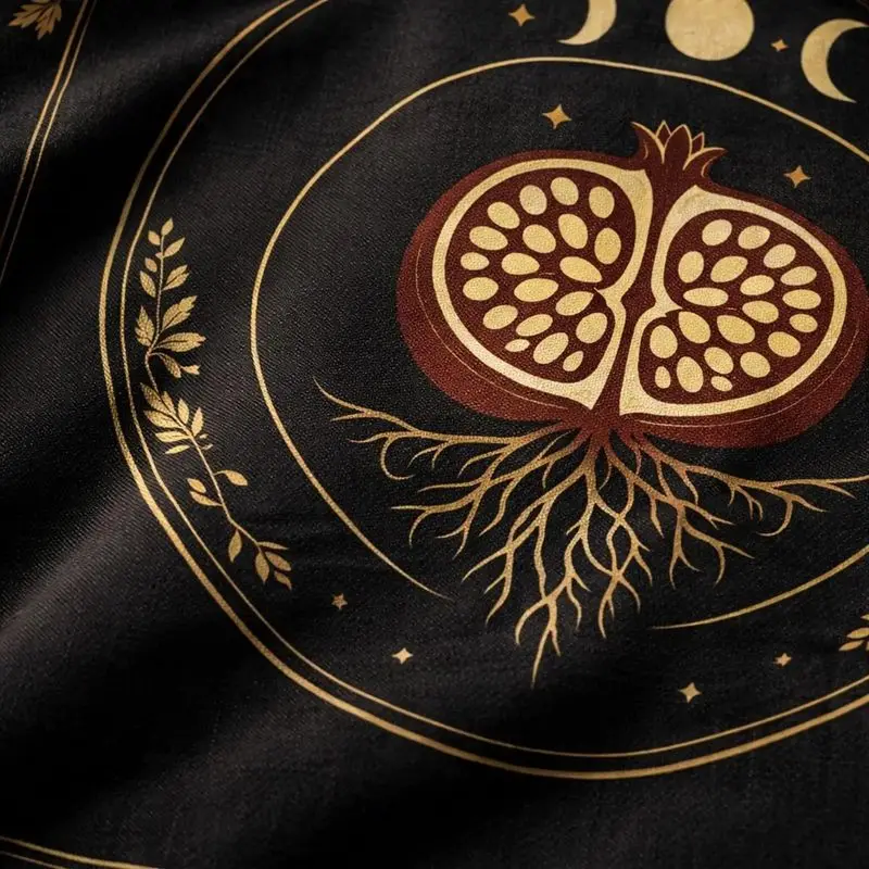Tarot Altar Cloth Black Gold Foil Pomegranate Triple Moon Phase Witchcraft Divination Mat for Wicca Spiritual Ritual Home Decor