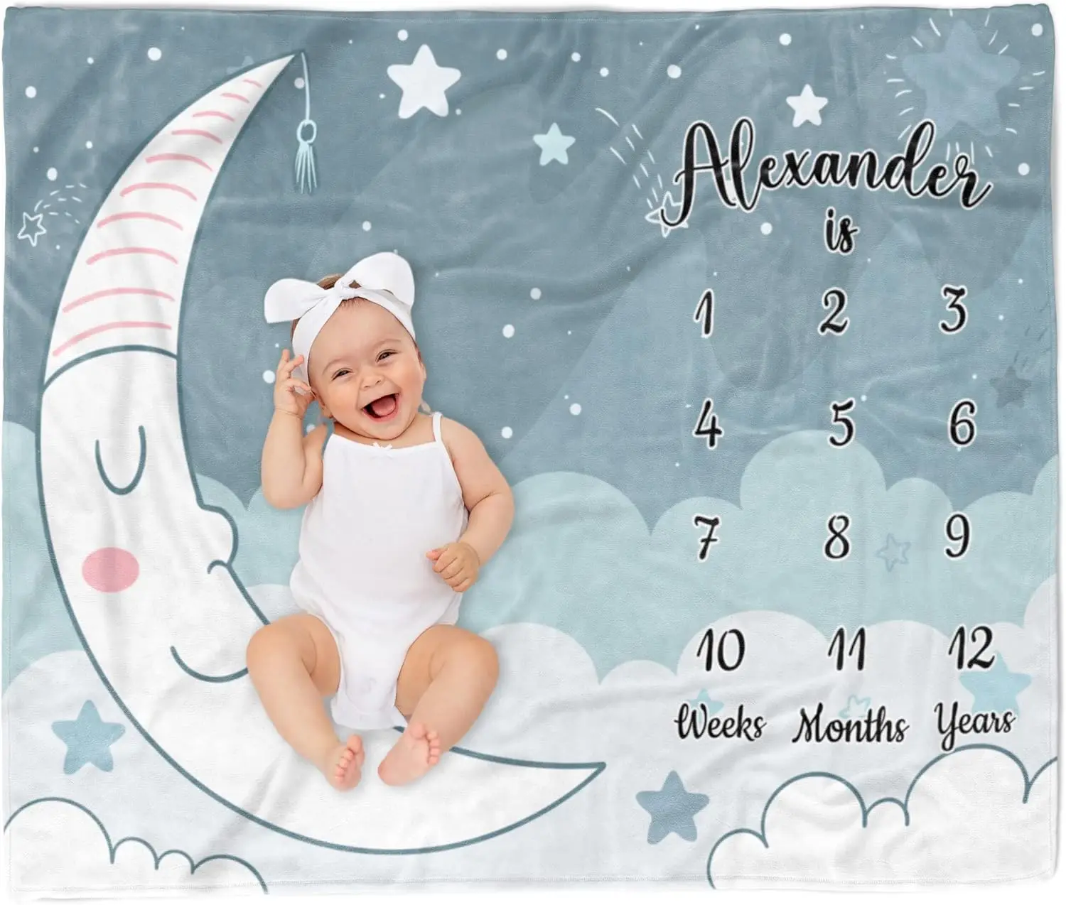 VIKAMA Cartoon Blue Moon Print, Newborn Full Moon, Growth Calendar And Milestone Blanket, Baby Photo Shoot Backdrop Blanket