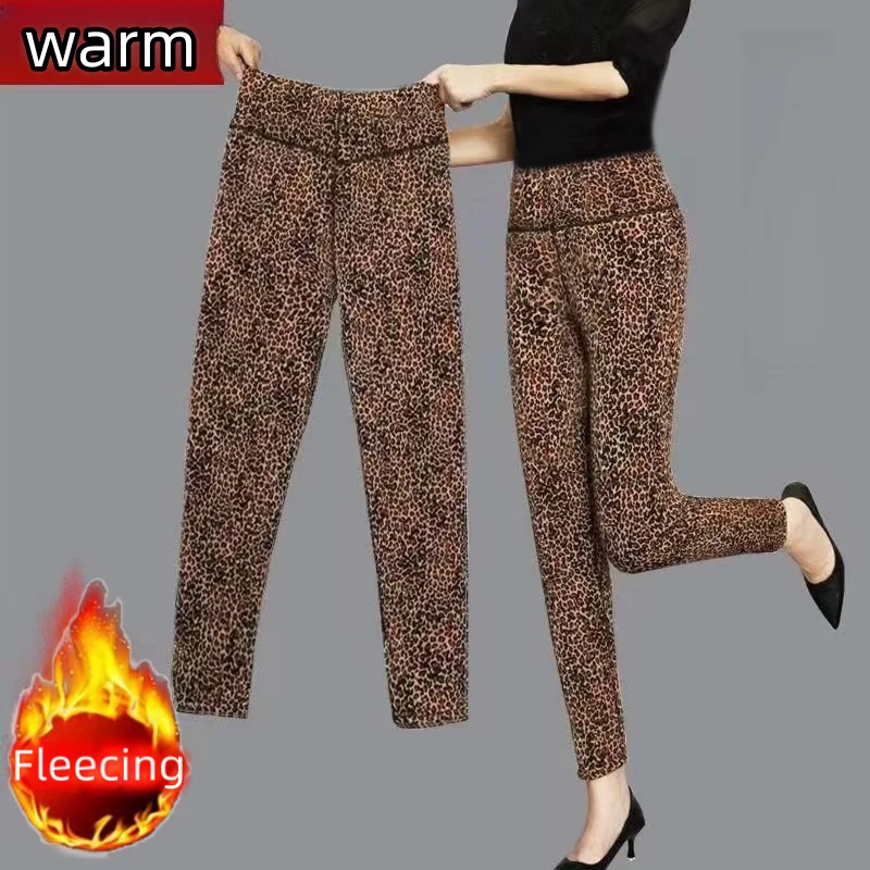 Plus Size Odzież damska Podstawowe obcisłe legginsy Retro Leopard Spodnie ołówkowe Casual Nowa odzież wierzchnia Zimowe ciepłe polarowe spodnie