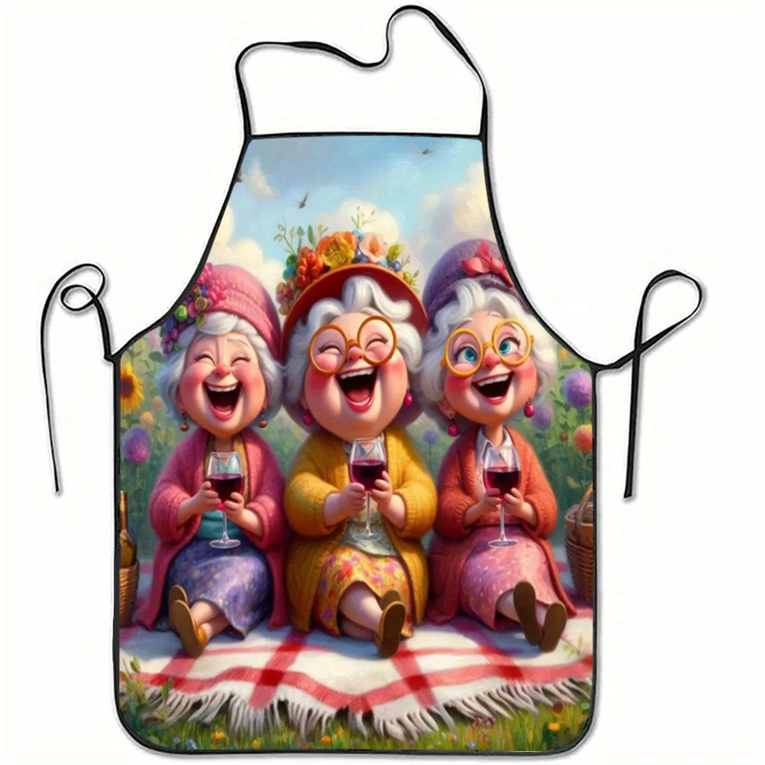1pc Funny Grandma Cooking Apron - Cheerful Elderly Women Picnic Design With Wine Glasses Floral Background Kitchen Apron For Bir