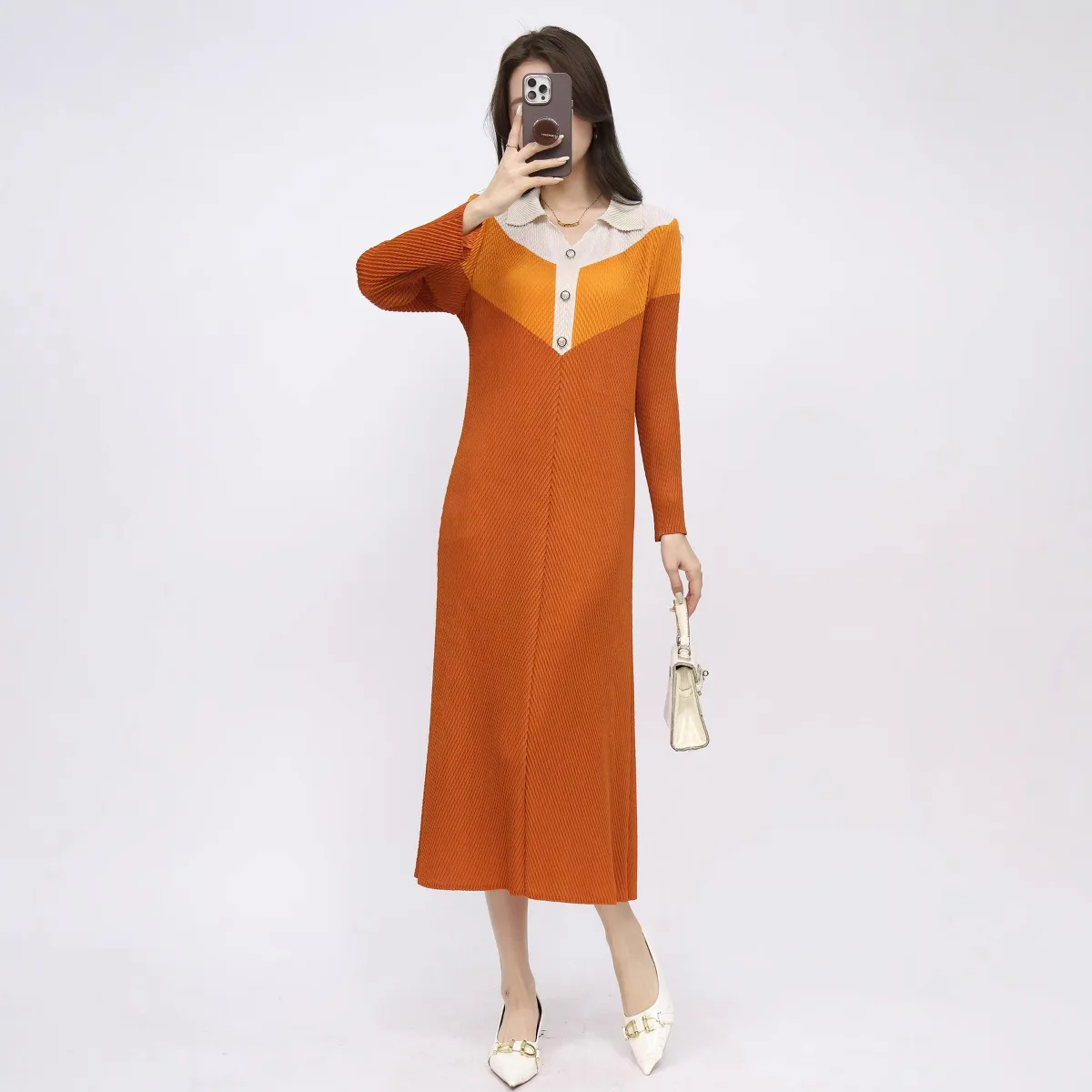 

miyake Colorblock Patchwork Design Pleated Dress For Women 2025 New Laple Pullover Long Sleeve Straight Dresses Chic