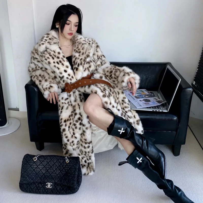 Abrigos Mujer Inviernoo Long Belted Leopard Faux Fox Fur Coat Women Overcoats Ladies Stylish Street Fashion Fluffy Fox Fur Coat