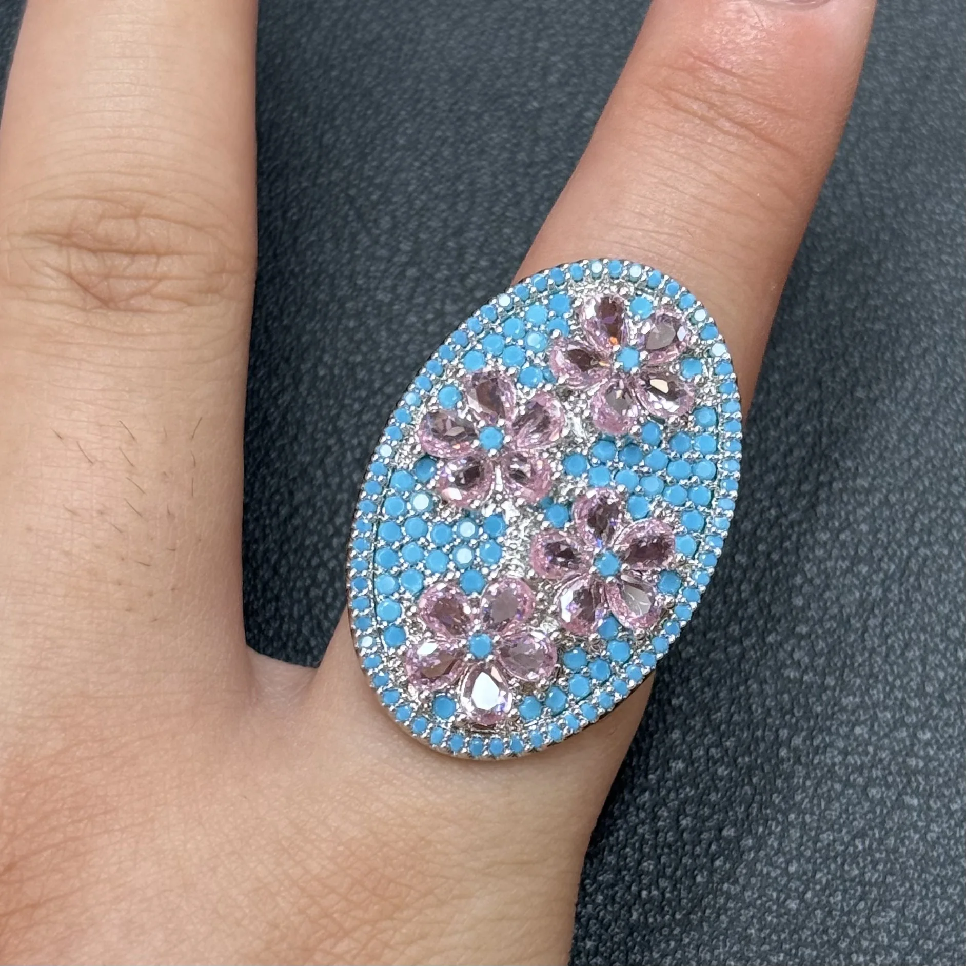 Floral Oval Statement Ring Multi‑color CZ Flower Wide Cocktail Open Ring Retro Luxury Shiny Jewelry for Women Evening Party