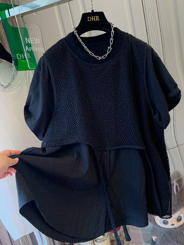 

plus Size Women's Summer Shirt Short Sleeve Mesh Panel Irregular Design Breathable Casual Style Polyester Fiber Inner Wear