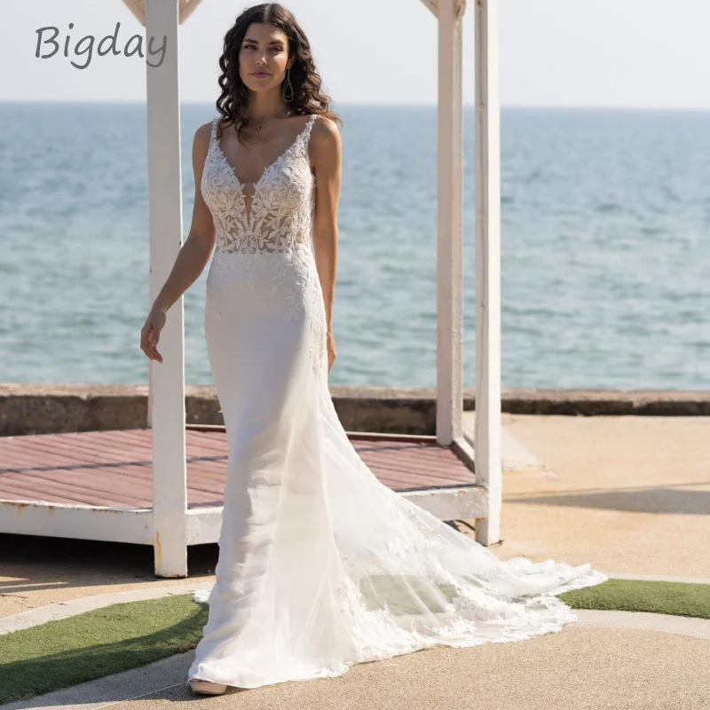 Vestido De Novia De sirena con cuello en V para mujer, traje elegante con apliques De encaje, espalda abierta, tirantes finos, color blanco, 2024