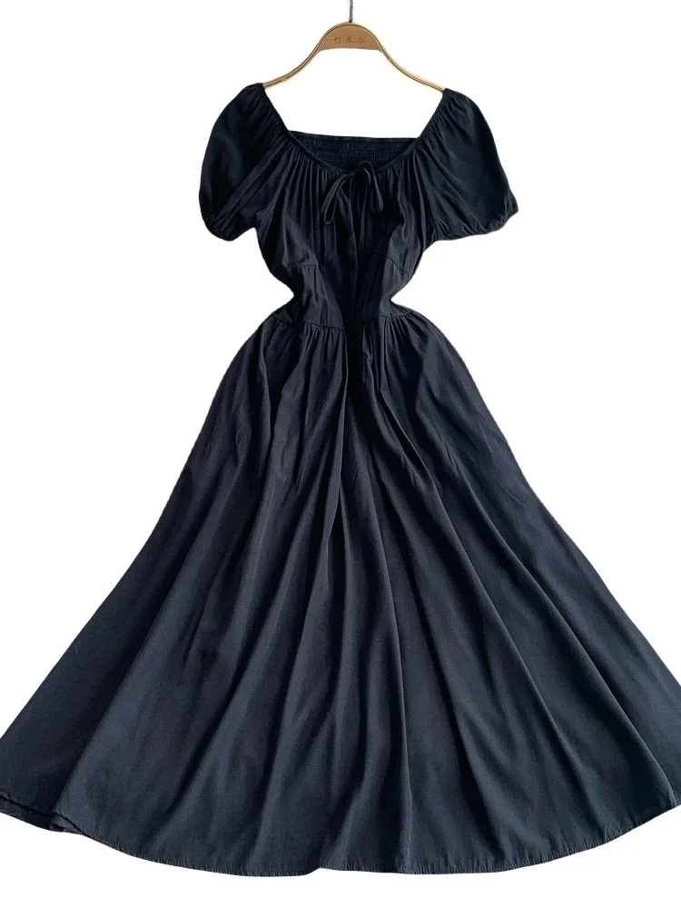 een Elely Tied Square Collar Bubble Sve Dr Women's Summer Pleated Waist Cinching Slimming Maxi Skirt Korean Sle