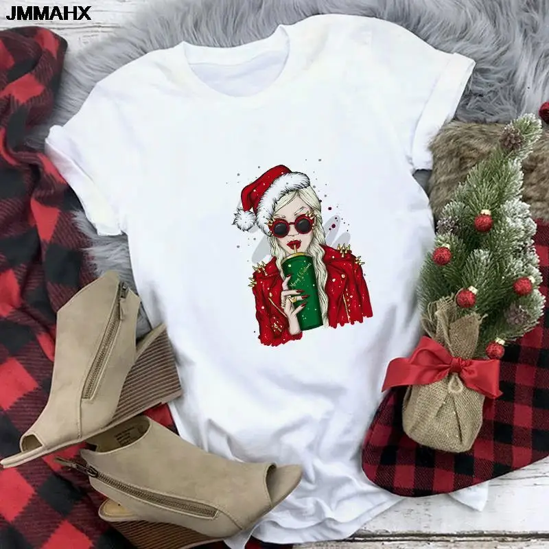 Women's Christmas Tshirt Fashion Santa Claus Printed T Shirt Women Cartoon Reindeer Funny Print Pink Top Female Clothing T-shirt