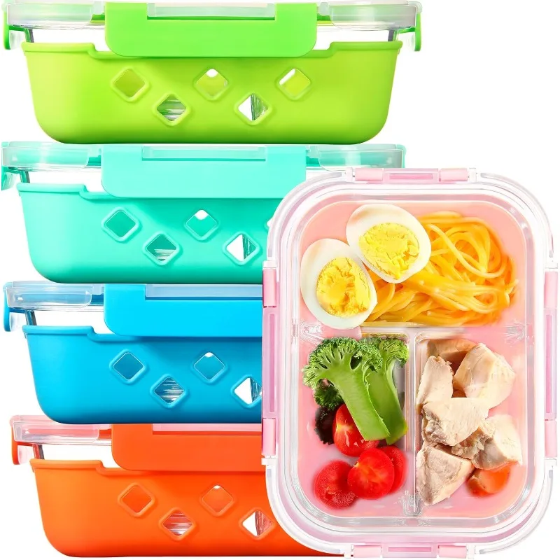 5 Pack Glass Meal Prep Containers 3 Compartment with Lids, Divided Storage Silicone Sleeve for Lunch, Leak-Proof Portion