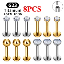 8PCS G23 Ttianium Piercing Labret Lip Stud Ring CZ 16G Thread Stud Earring Ear Tragus Cartilage Helix Conch Pierc Body Jewelry