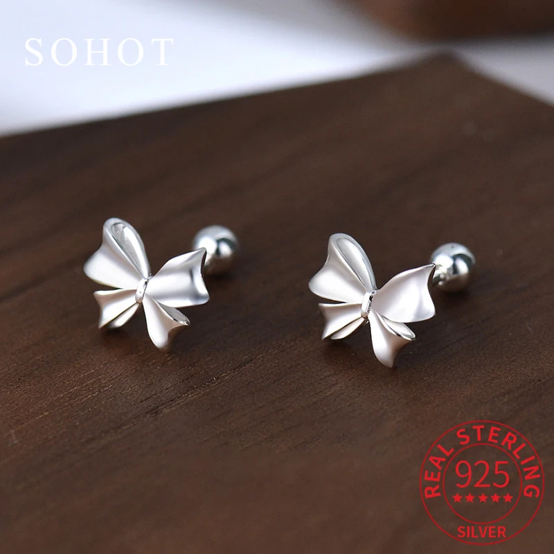 

Real 925 Sterling Silver Minimalist Ribbon Bow Mini Stud Earrings for Women Piercing Screw Bead Fine Jewelry Cute Accessories